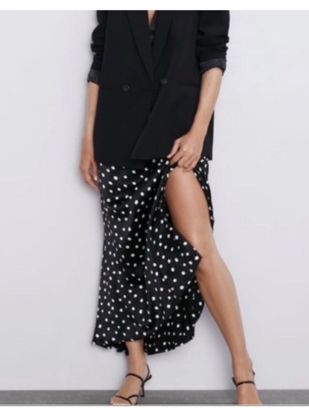 New ZARA Maxi Black White Polka Dot Satin Wrap Skirt Ruched Slit Size S